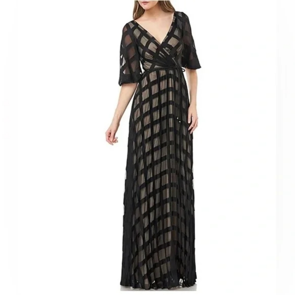 Carmen Marc Valvo Chiffon Windowpane Surplice V-Neck Dress